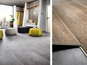Robust im Betonlook: Betonlook oder Schlosseiche? Mineraldesign-Boden «Java» gibt es in den unterschiedlichsten Varianten. In jedem Fall ist dieser Boden sehr strapazierfähig, fugenlos verlegbar bis 1000 Quadtratmetern, und auch für Wintergärten und Räume mit bodentiefen Fenstern geeignet. Die Dielen sind 20 Zentimeter breit, 123,5 Zentimeter lang und 7,5 Millimeter stark. Tomwood.