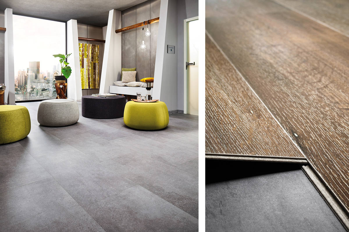 Robust im Betonlook: Betonlook oder Schlosseiche? Mineraldesign-Boden «Java» gibt es in den unterschiedlichsten Varianten. In jedem Fall ist dieser Boden sehr strapazierfähig, fugenlos verlegbar bis 1000 Quadtratmetern, und auch für Wintergärten und Räume mit bodentiefen Fenstern geeignet. Die Dielen sind 20 Zentimeter breit, 123,5 Zentimeter lang und 7,5 Millimeter stark. Tomwood.