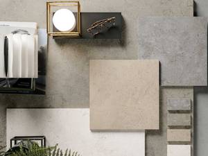 Greige, Grey, Ivory und Natural: Die Farben der Serie «Pedra Azul» sind von iberischem Kalkstein inspiriert. Es gibt die Platten matt und mit Struktur. Ceramiche Refin.