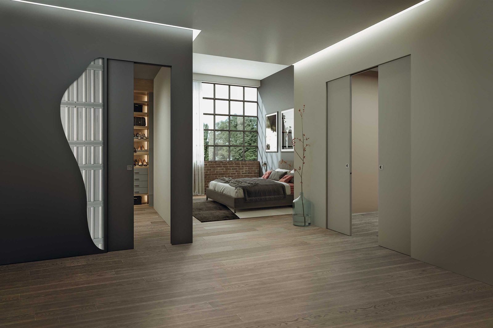 Schon ab einer Wandstärke von 10 Zentimetern verschwindet eine Schiebetüre vollständig und ohne sichtbare Fugen in der Wand.