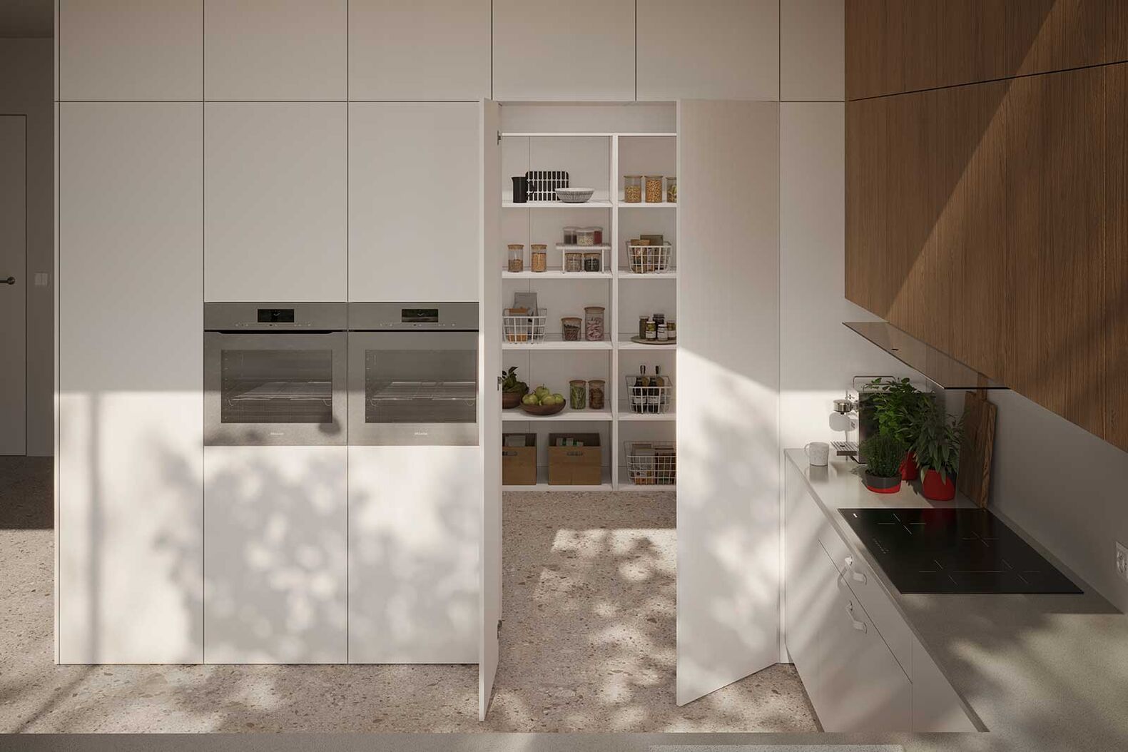 Eine Hochschranktür dient als Zugang zum dahinterliegenden Reduit. Diese clevere Lösung schafft zusätzlichen Stauraum, während die Küche optisch aufgeräumt und minimalistisch bleibt. Die Schränke reichen bis zur Decke, was nicht nur mehr Stauraum bietet, sondern auch das Design harmonisch in die Architektur des Raums integriert. Besonders in offenen Wohnkonzepten ist diese versteckte Stauraumlösung eine elegante Möglichkeit, Funktionalität und Ästhetik zu verbinden. Veriset AG, www.veriset.ch