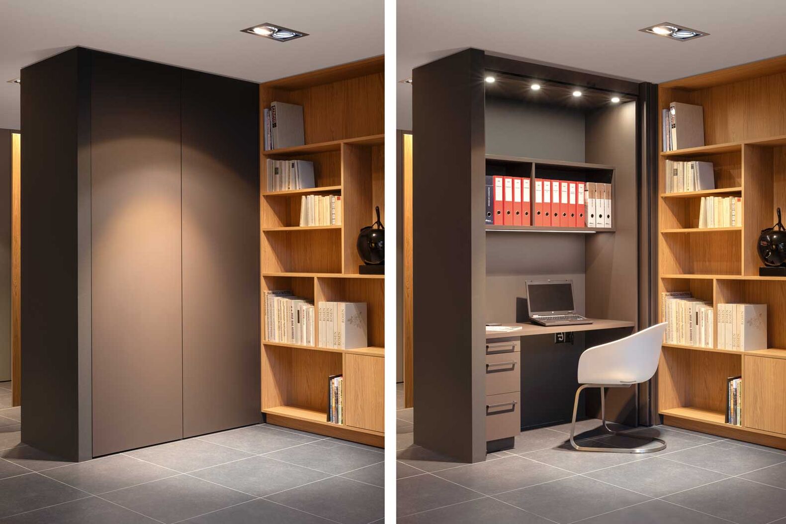 Ein versteckter Homeoffice-Platz? Lediglich zwei Schranktüren müssen in diesem durchdachten Designmöbel geöffnet werden und der Arbeitsplatz kommt zum Vorschein. Dieser fügt sich harmonisch in den Wohnraum ein. Elbau Küchen AG, www.elbau.ch