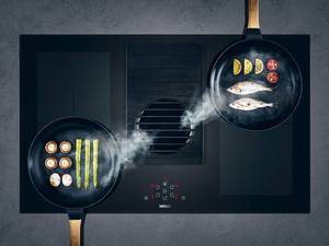 Lüfter «Pura» ist mit den Heizstufen des Kochfelds gekoppelt. Den Filter einigt man im Geschirrspüler. Auf dem hitzebeständigen Gusseisengitter kann man auch Töpfe abstellen. Wesco.