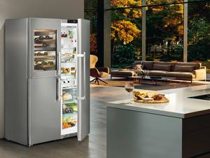 Der «Side-by-Side SBSes-8496« von Liebherr bietet einen Nutzungsinhalt von 645 Litern und einen separaten Weintemperierbereich. In sechs Temperaturzonen findet jedes Lebensmittel optimale Lagerbedingungen und bleibt entsprechend länger frisch. Fors AG.