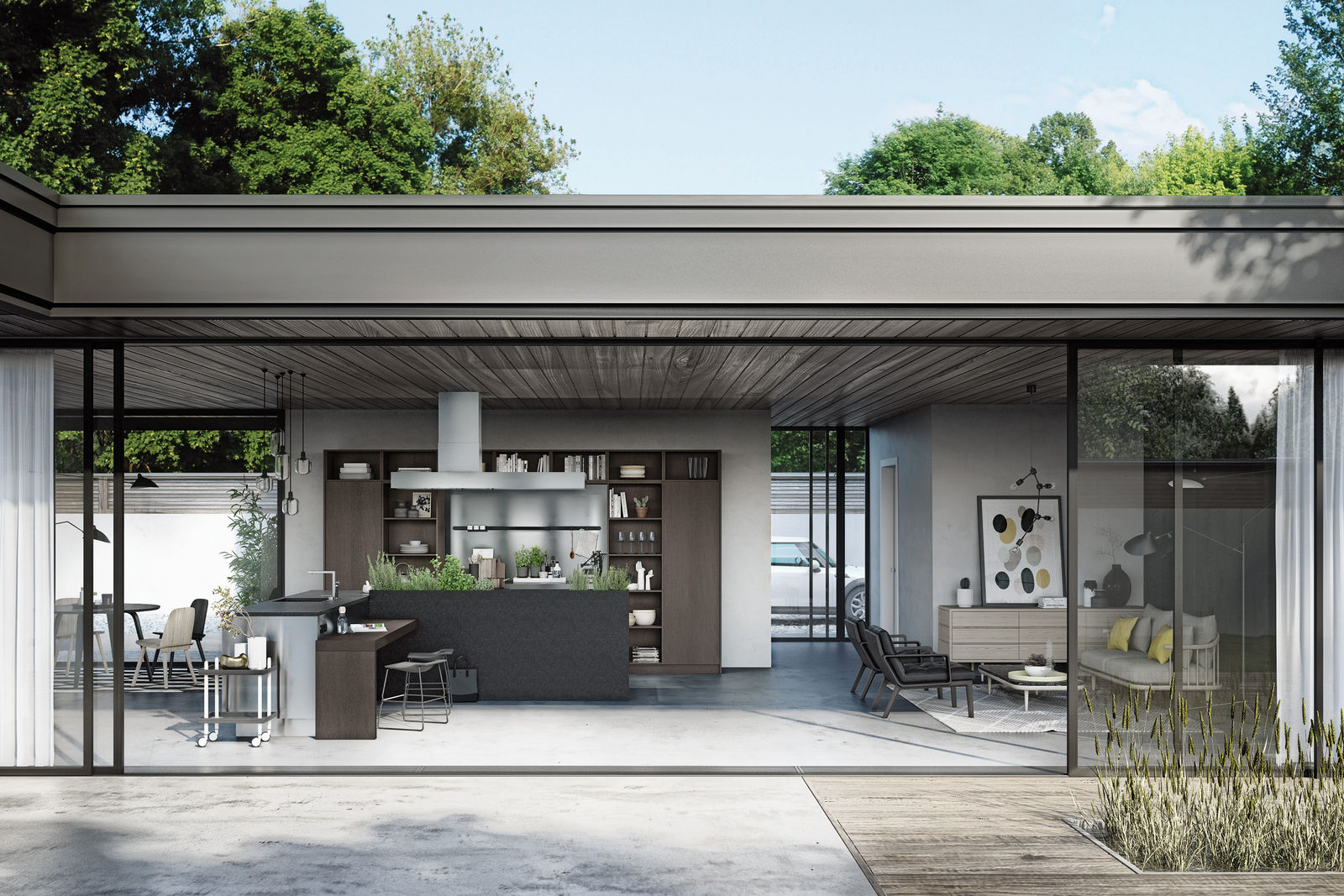 Stilwelt «Urban»: Die grosszügige, offene Gestaltung kombiniert Elemente in Eiche Graphit mit Edelstahl. Die unkonventionelle L-Form, die funktionale Ausstattung und die Ess-Bar machen die Küche zum kommunikativen «Working Center».